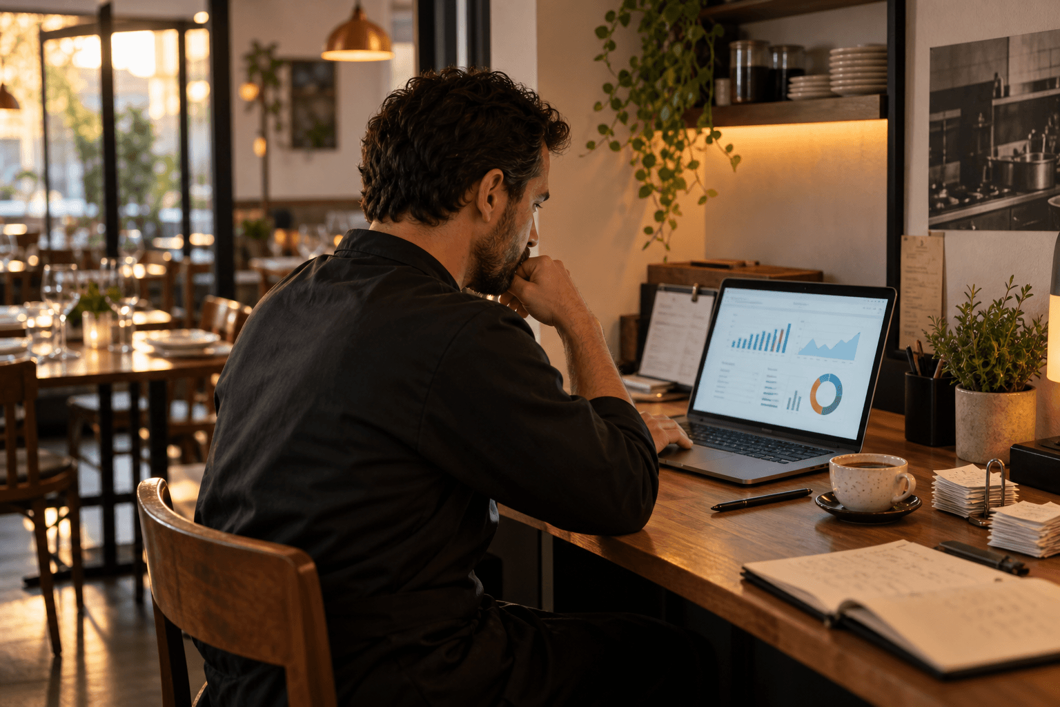 Gestor de restaurante acompanhando dados financeiros no notebook