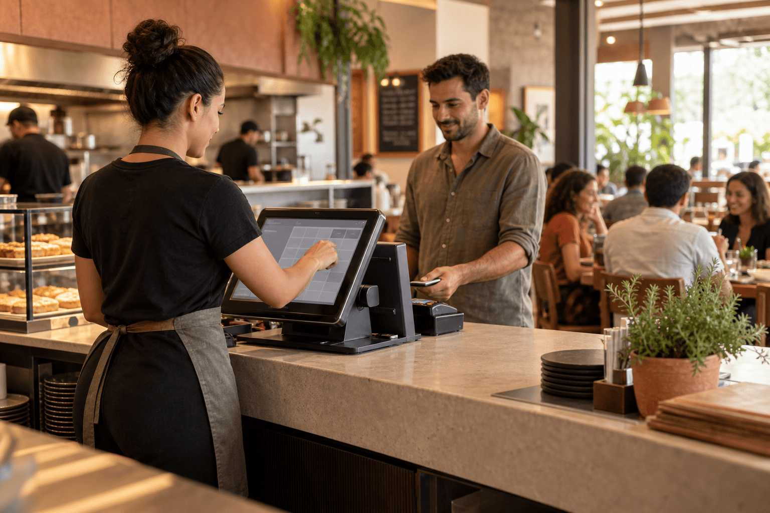 Atendente usando o sistema de caixa em um restaurante